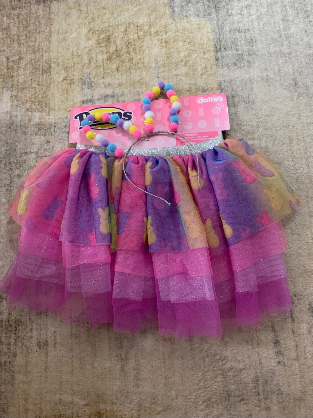 Claire's Pink Layered Tulle Skirt with Pastel Bunny Print and Pom Headband